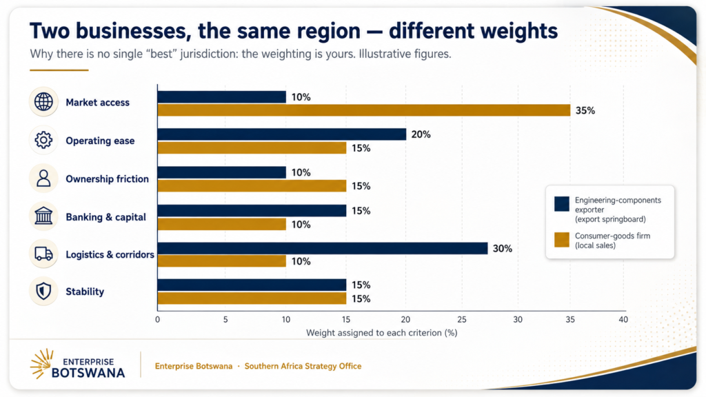 Comparison of how an engineering-components exporter and a consumer-goods firm weight Southern Africa jurisdiction criteria differently.