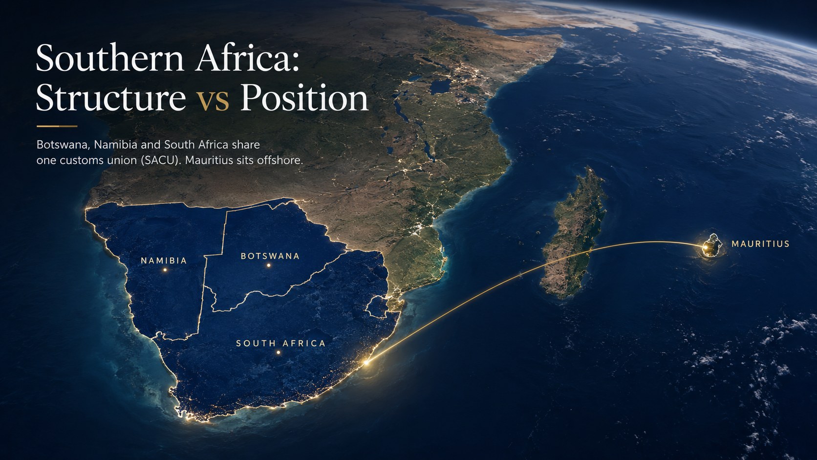 Southern Africa map showing Botswana, Namibia and South Africa within SACU, and Mauritius offshore in a regional market-entry context.