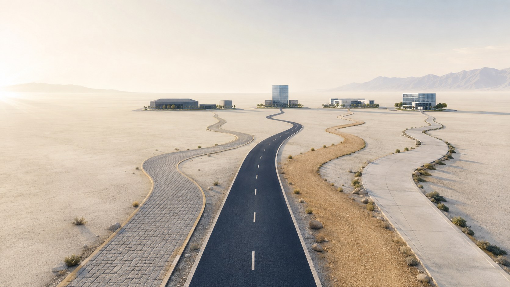 Multiple roads leading to different business hubs, illustrating the choice between jurisdictions in a Southern Africa market-entry strategy.