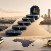 Stepping stones representing a planned market entry, overlooking a harbour with a map of Africa and a globe.