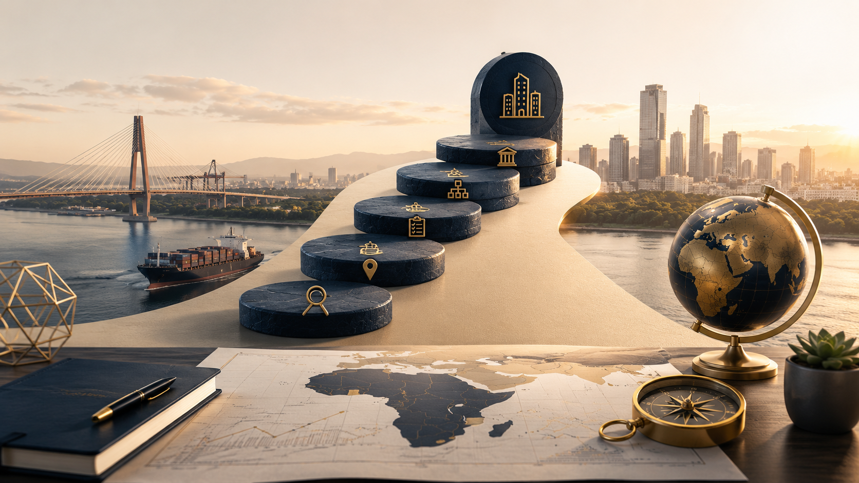Stepping stones representing a planned market entry, overlooking a harbour with a map of Africa and a globe.